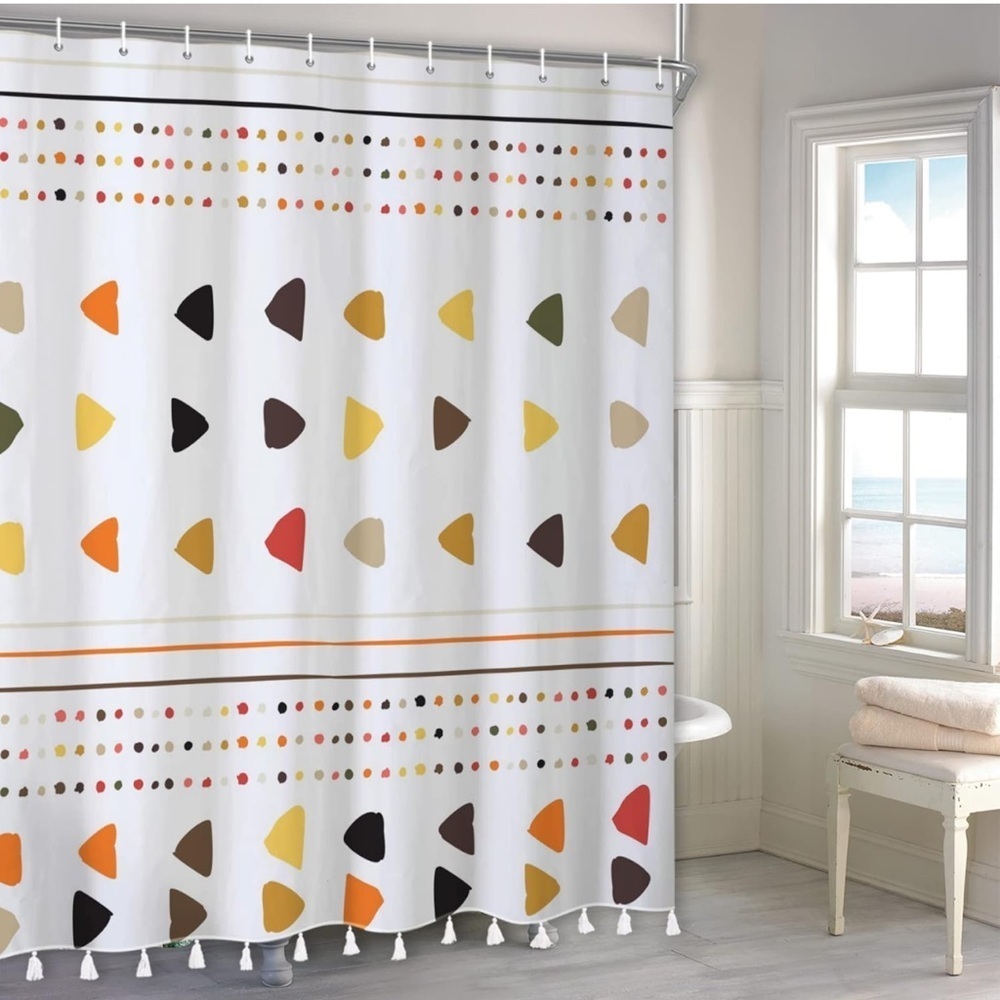 Shower Curtain with Tassels, Geometric Striped Bathroom Curtain with Tassels